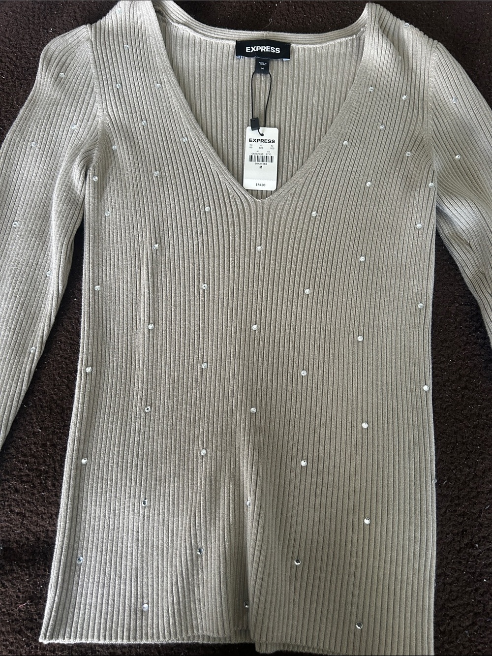 Express Taupe Ribbed V-Neck Sweater with Pearlescent Studs